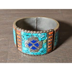 Silver Bracelet Turquoise lapas Coral HUGE Hinged Cuff Heavy